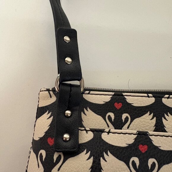 Relic Black White Swan Print Crossbody Bag Adjustable Strap Zipper Closure Purse - Picture 6 of 7